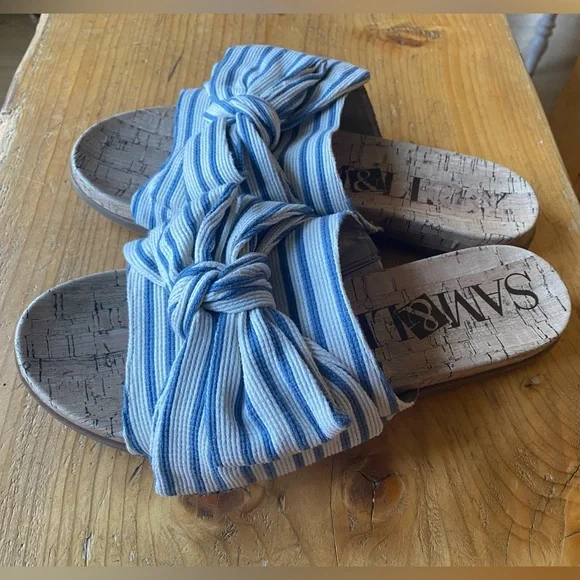 Sam & Libby Blue and White Striped Bow Slide Sandals - Picture 2 of 4